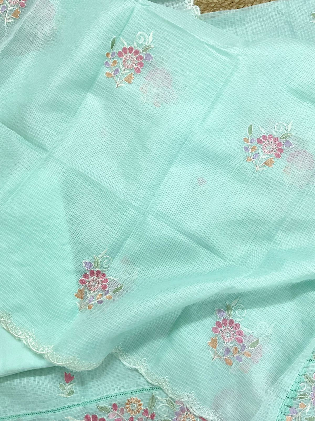 Soft Kota Silk Embroidered Suit - Sea Green