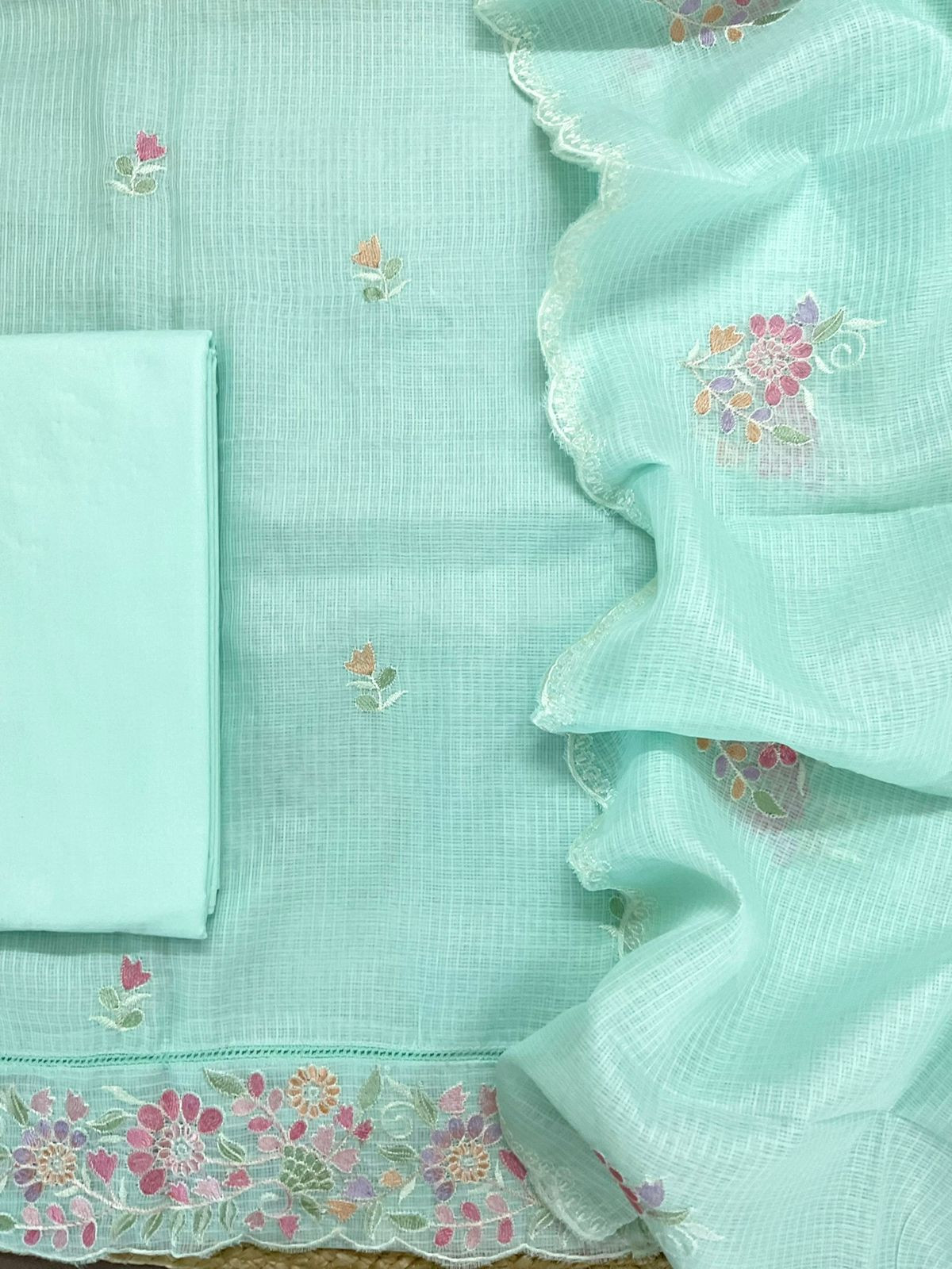 Soft Kota Silk Embroidered Suit - Sea Green