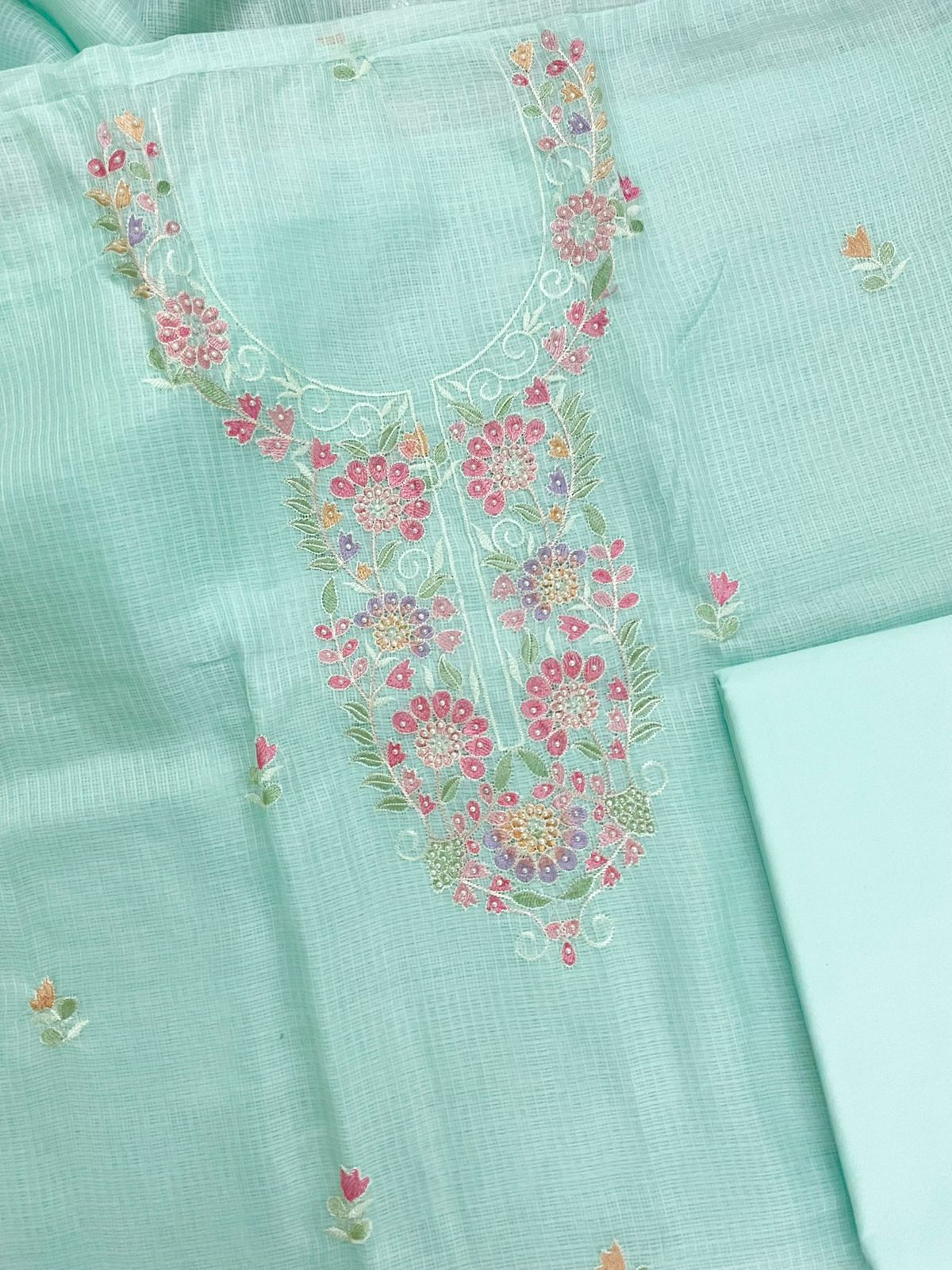 Soft Kota Silk Embroidered Suit - Sea Green