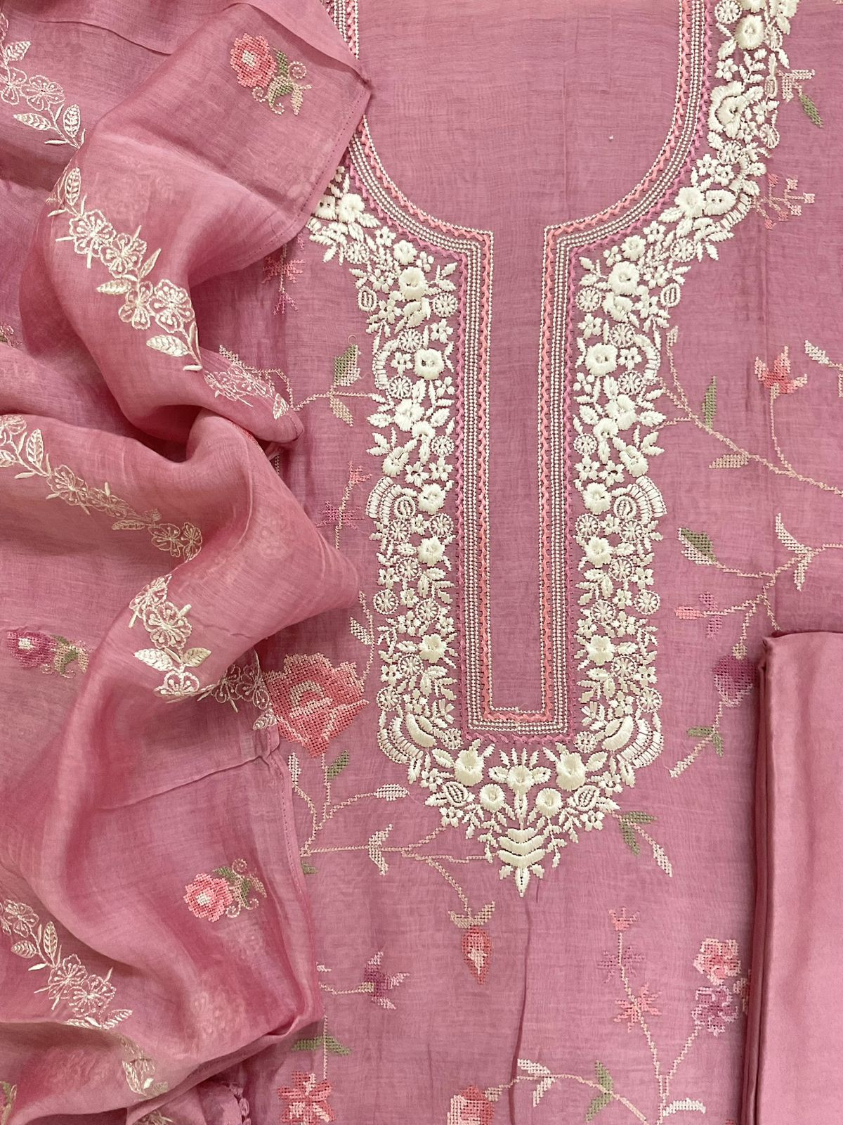 Pure Mul Chanderi Embroidered Suit - Pink