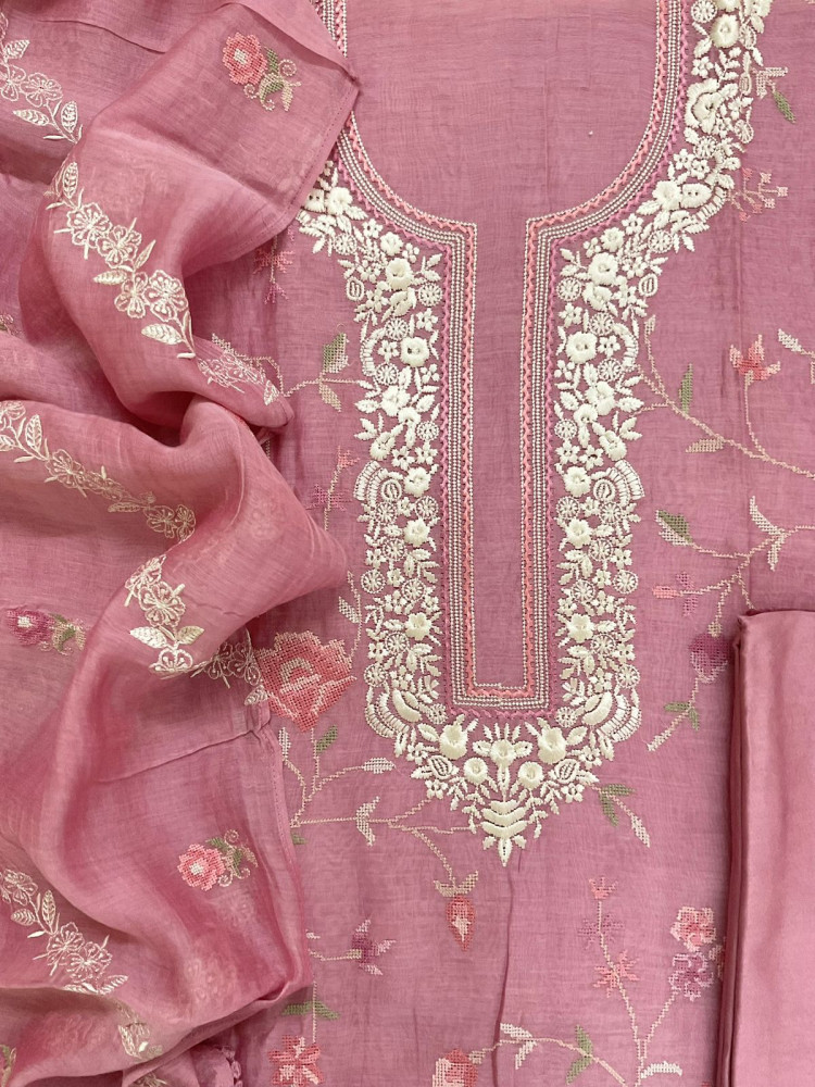 Image of Pure Mul Chanderi Embroidered Suit - Pink