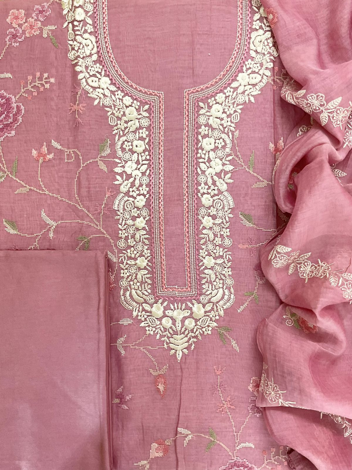 Pure Mul Chanderi Embroidered Suit - Pink