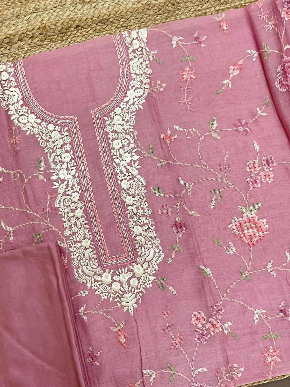 Pure Mul Chanderi Embroidered Suit - Pink