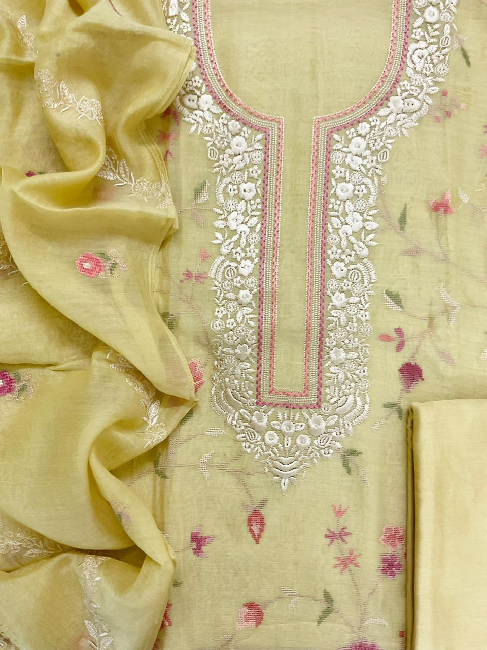 Pure Mul Chanderi Embroidered Suit - Yellow