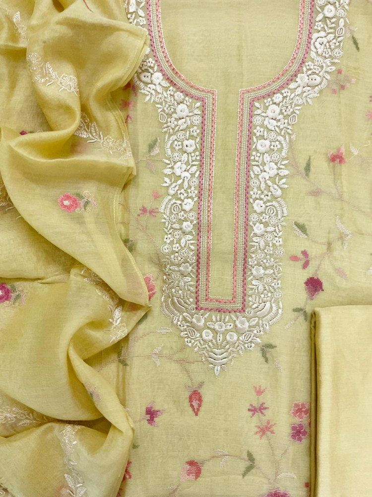 Image of Pure Mul Chanderi Embroidered Suit - Yellow