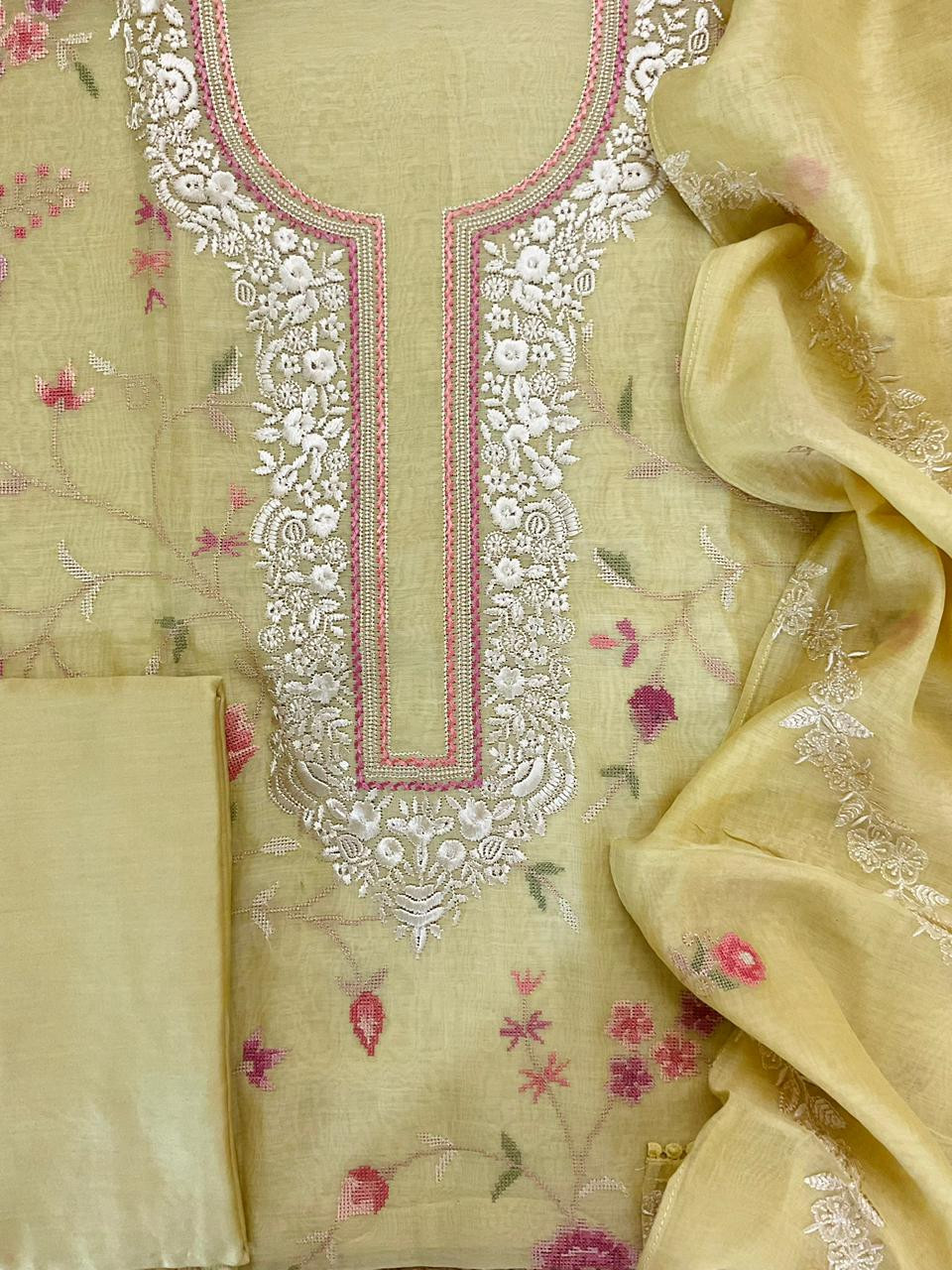 Pure Mul Chanderi Embroidered Suit - Yellow