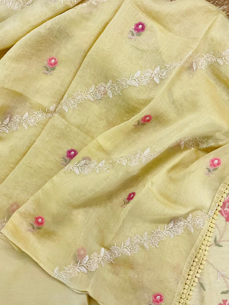 Pure Mul Chanderi Embroidered Suit - Yellow