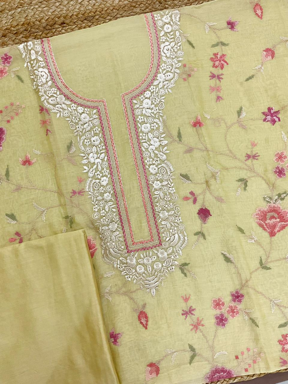 Pure Mul Chanderi Embroidered Suit - Yellow