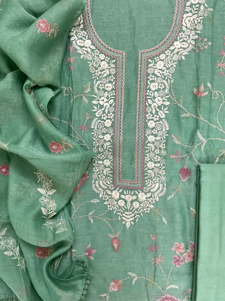 Image of Pure Mul Chanderi Embroidered Suit - Green
