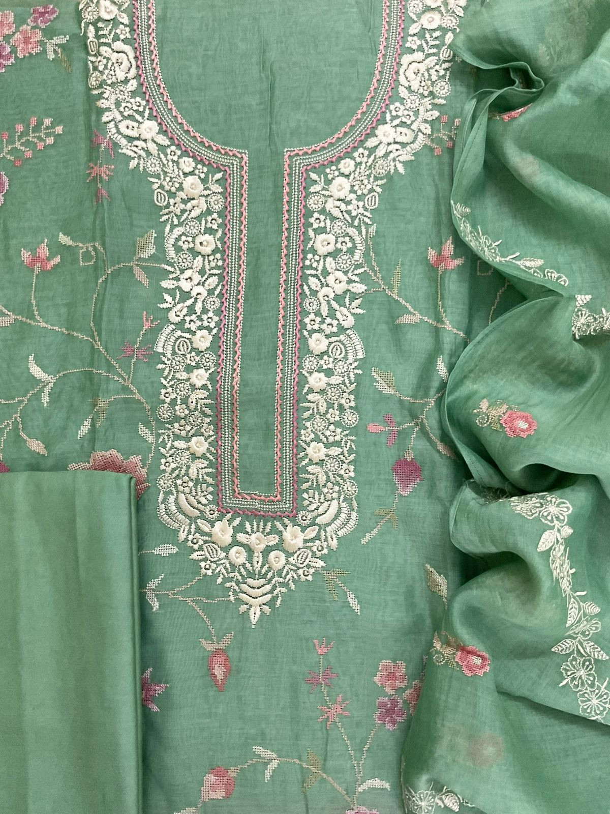 Pure Mul Chanderi Embroidered Suit - Green