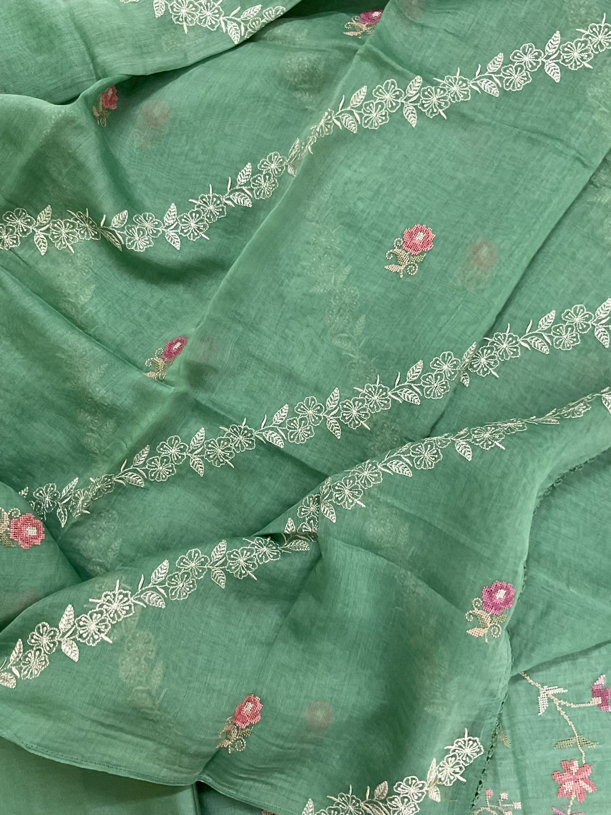 Pure Mul Chanderi Embroidered Suit - Green