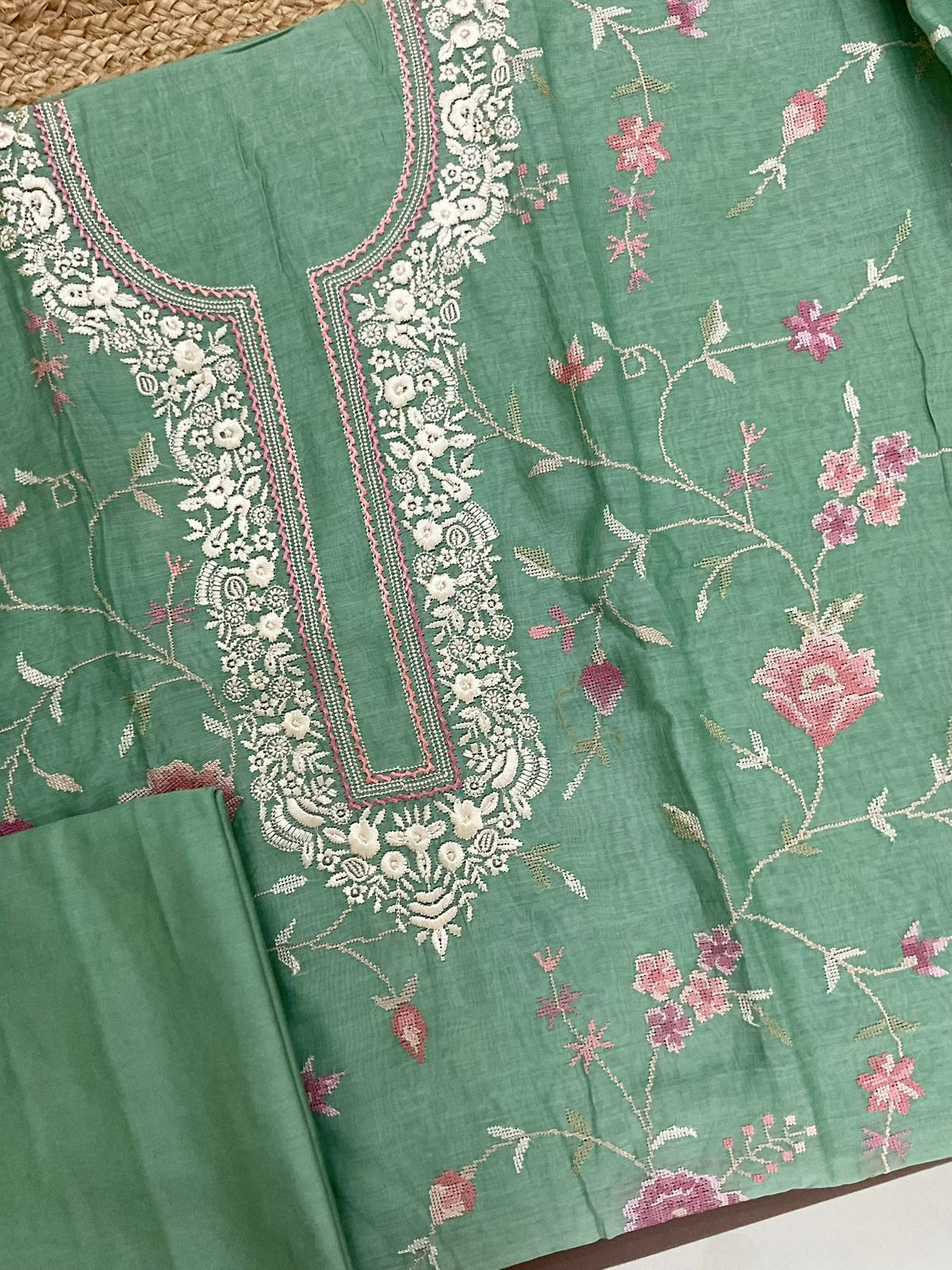 Pure Mul Chanderi Embroidered Suit - Green