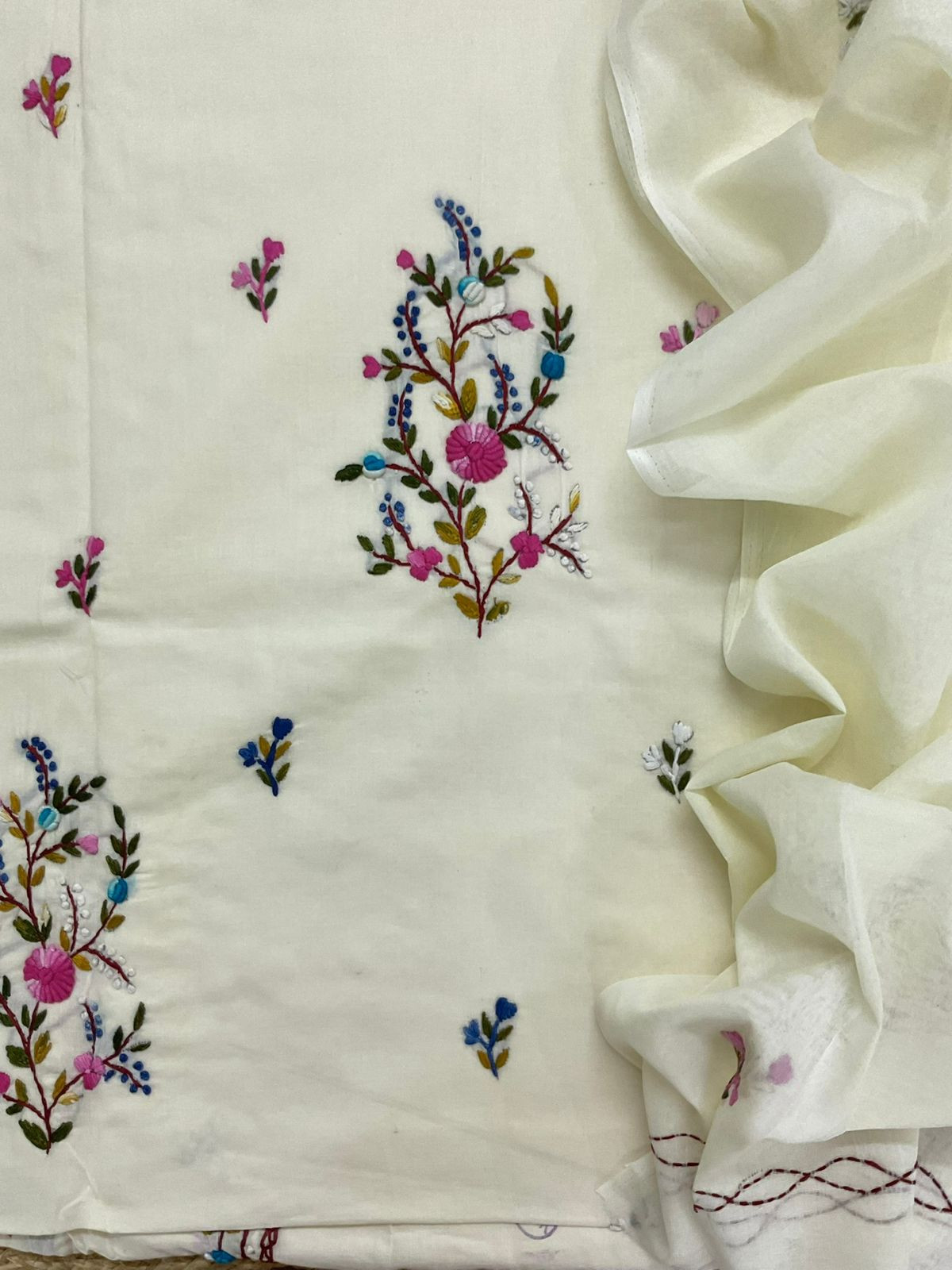Pure Cotton Embroidered Suit - Cream