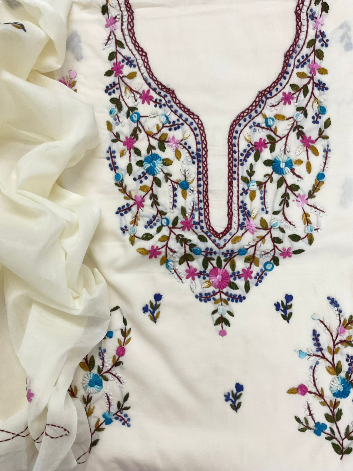 Pure Cotton Embroidered Suit - Cream