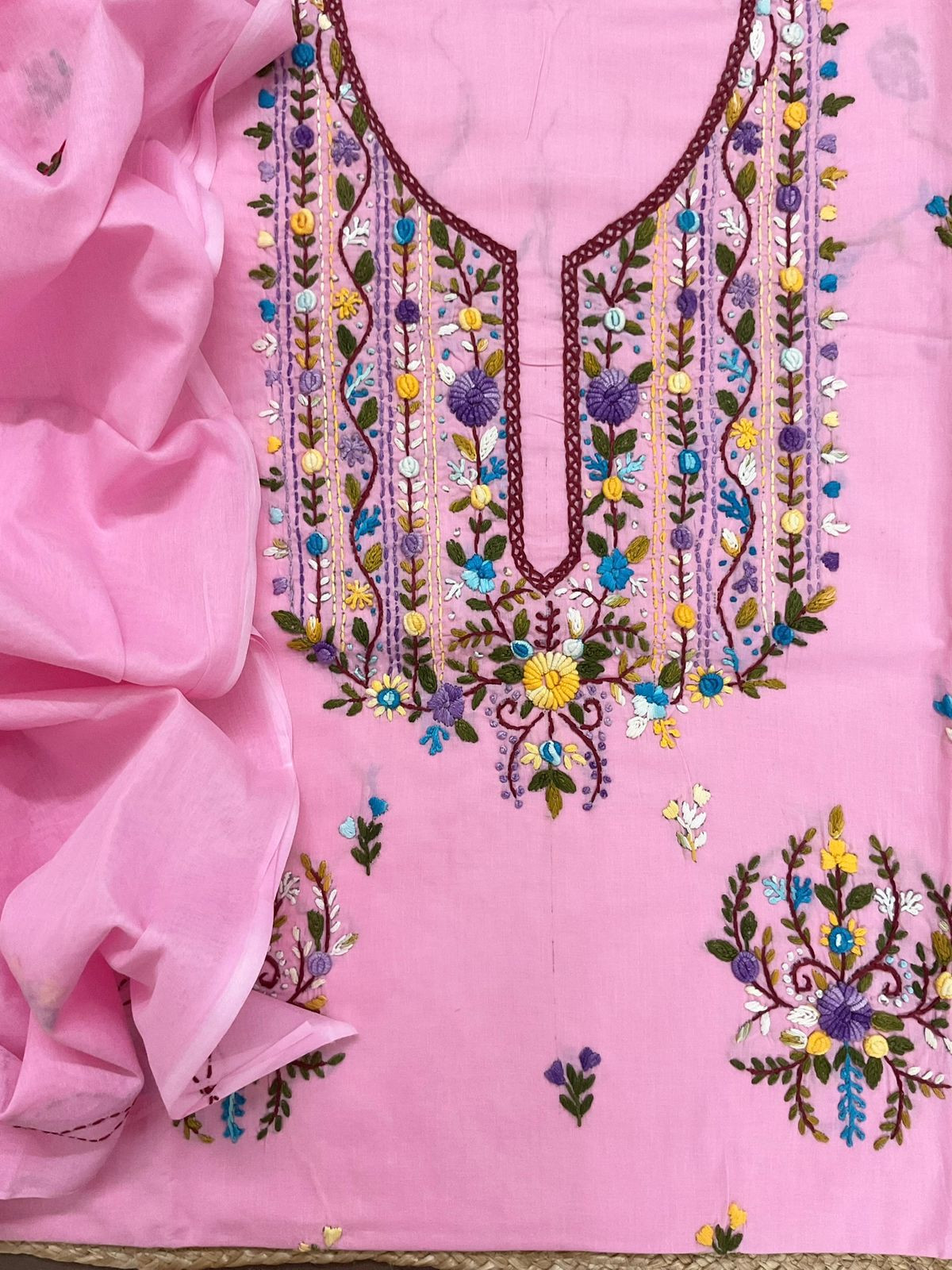 Pure Cotton Embroidered Suit - Pink