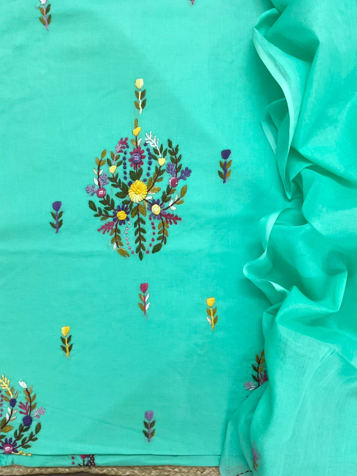 Pure Cotton Embroidered Suit - Sea Green