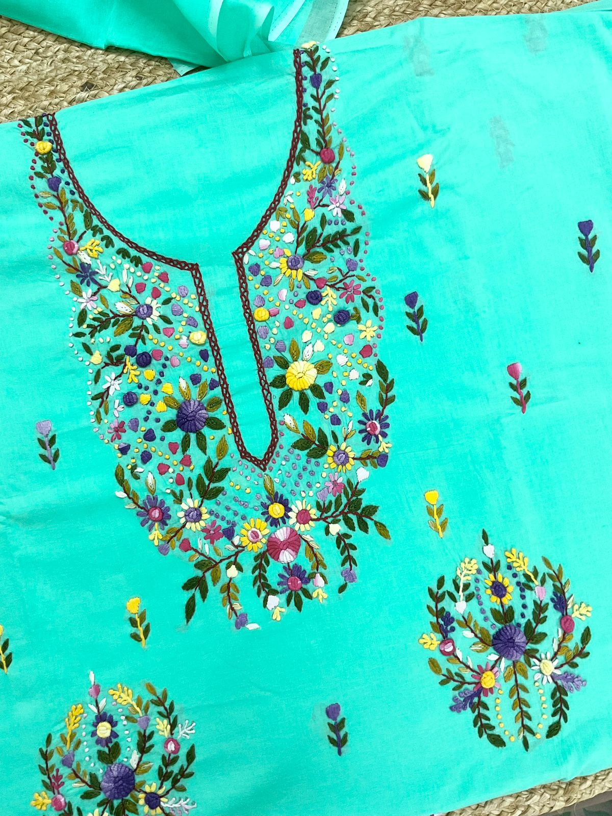 Pure Cotton Embroidered Suit - Sea Green