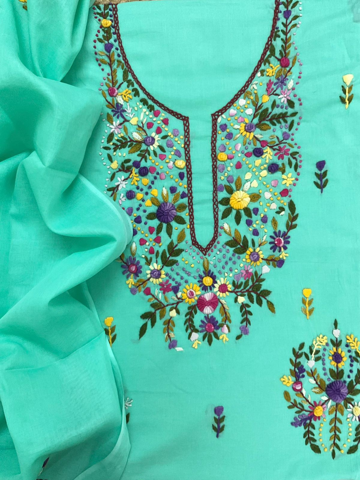 Pure Cotton Embroidered Suit - Sea Green
