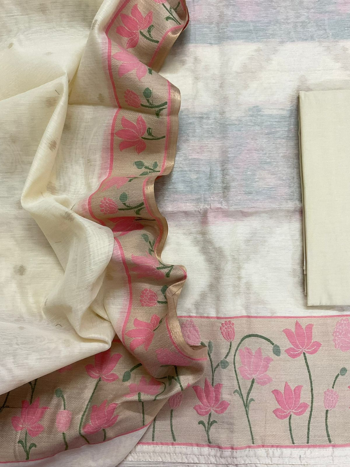 Pure Chanderi Jamdani Weaved Suit - Cream