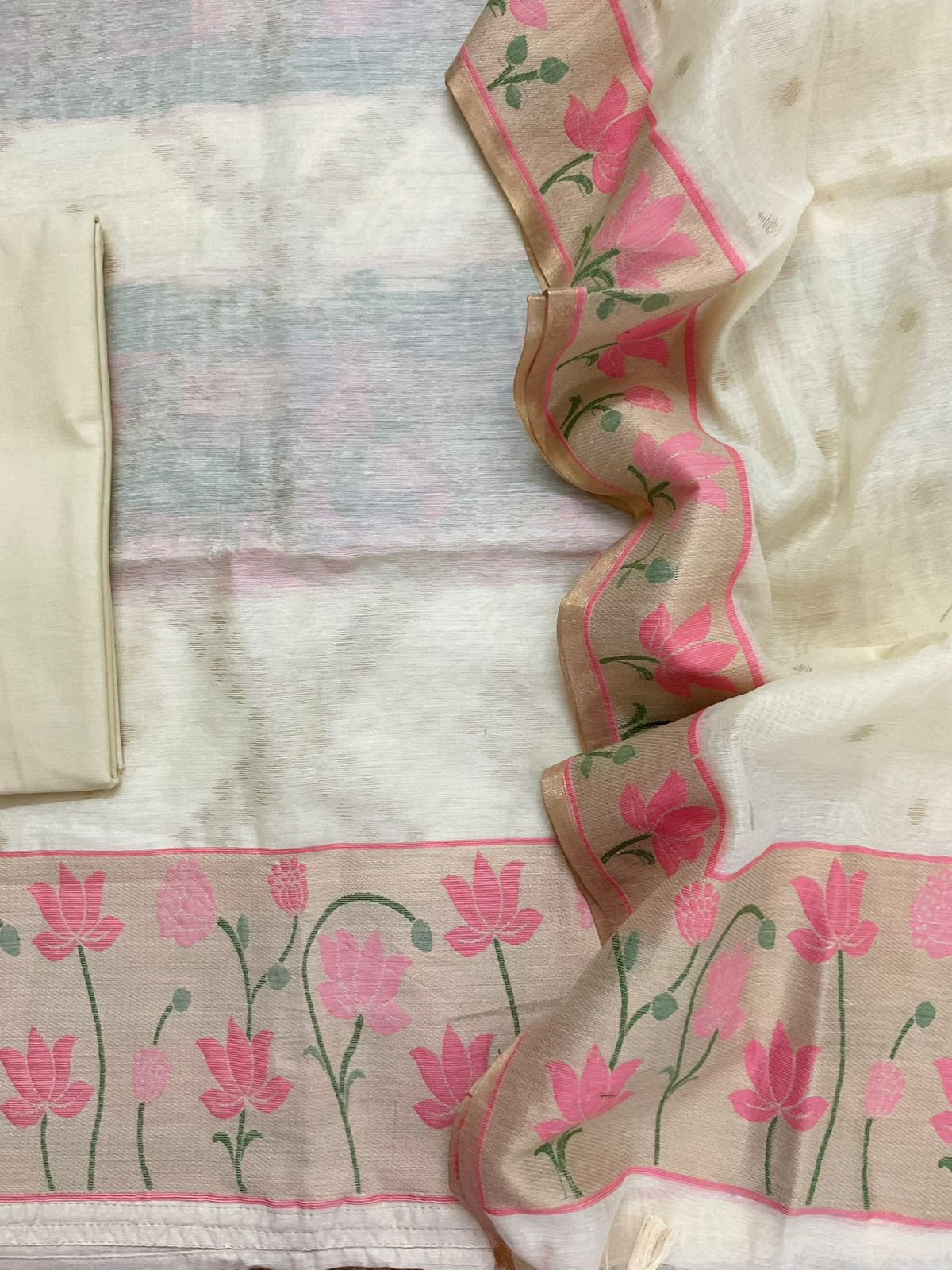 Pure Chanderi Jamdani Weaved Suit - Cream