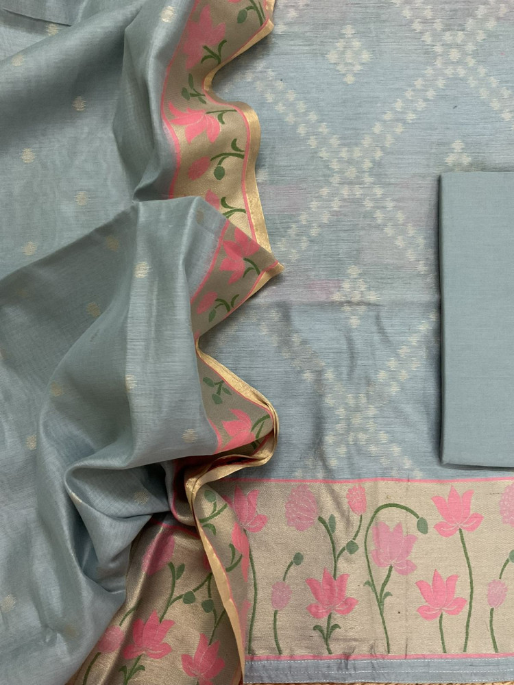 Image of Pure Chanderi Jamdani Weaved Suit - Grey