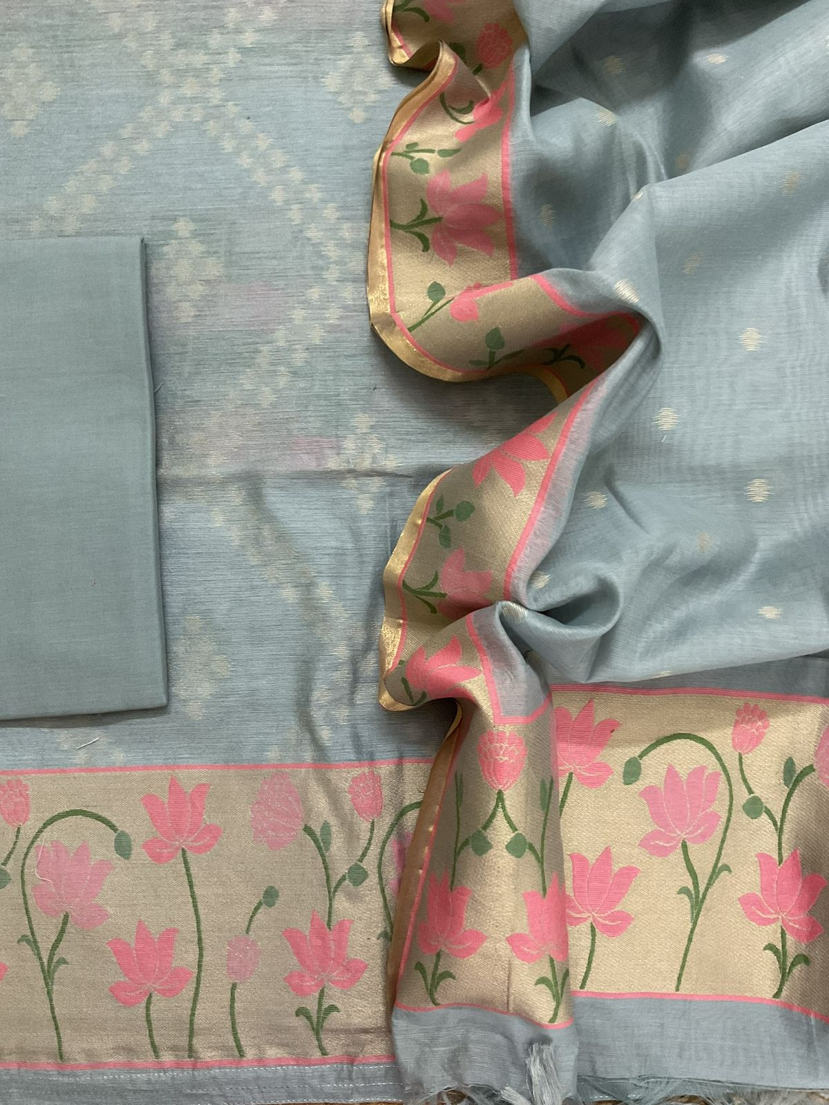 Pure Chanderi Jamdani Weaved Suit - Grey