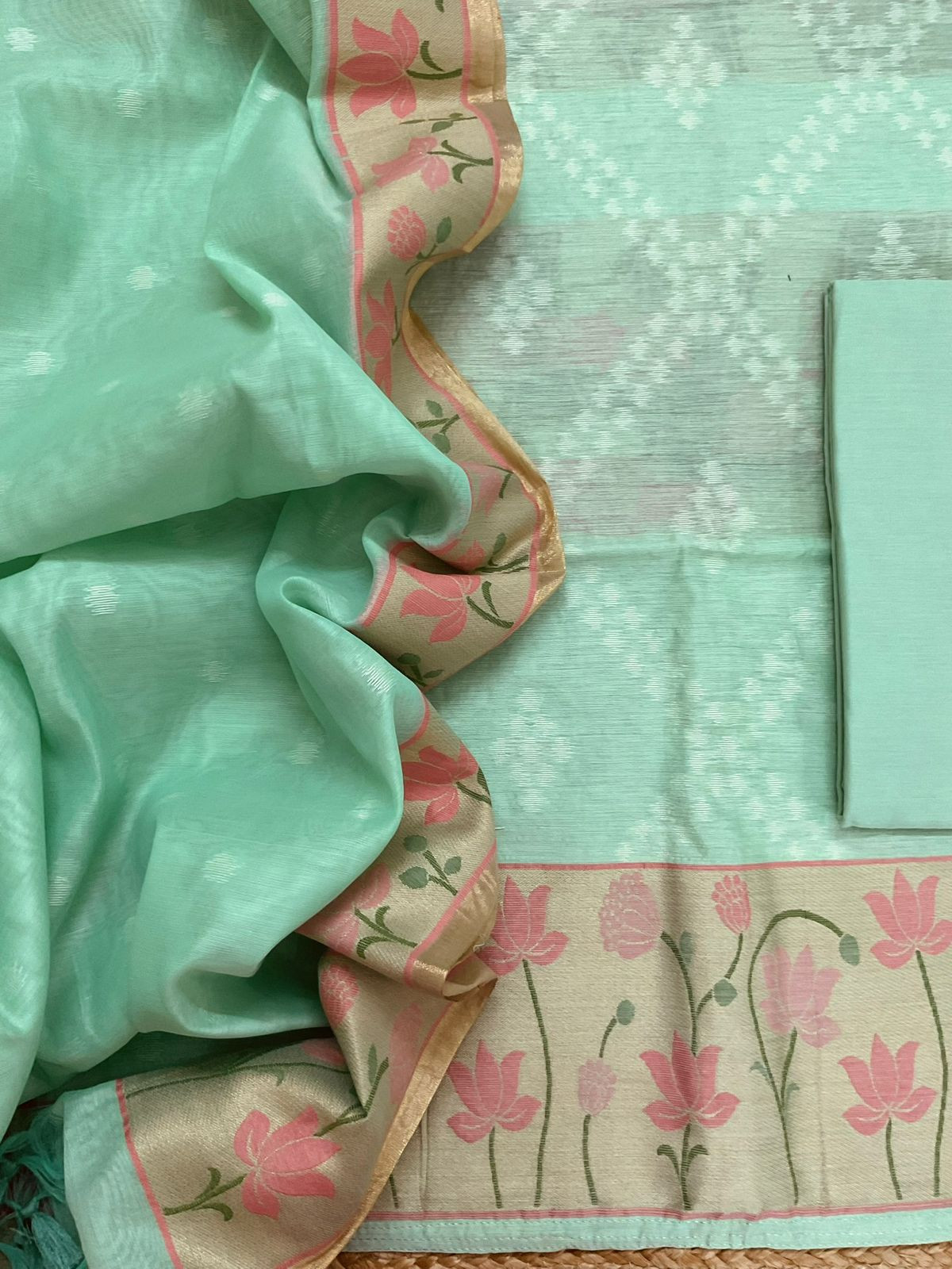 Pure Chanderi Jamdani Weaved Suit - Sea Green