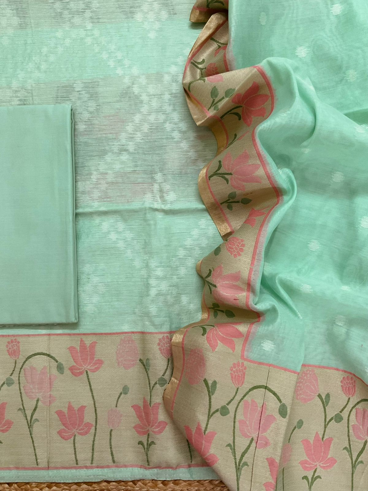 Pure Chanderi Jamdani Weaved Suit - Sea Green