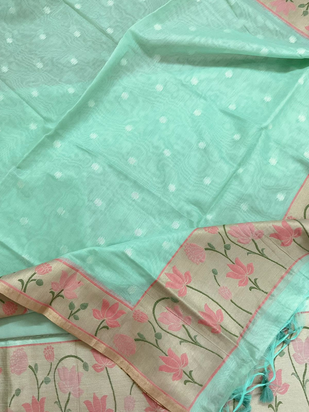 Pure Chanderi Jamdani Weaved Suit - Sea Green