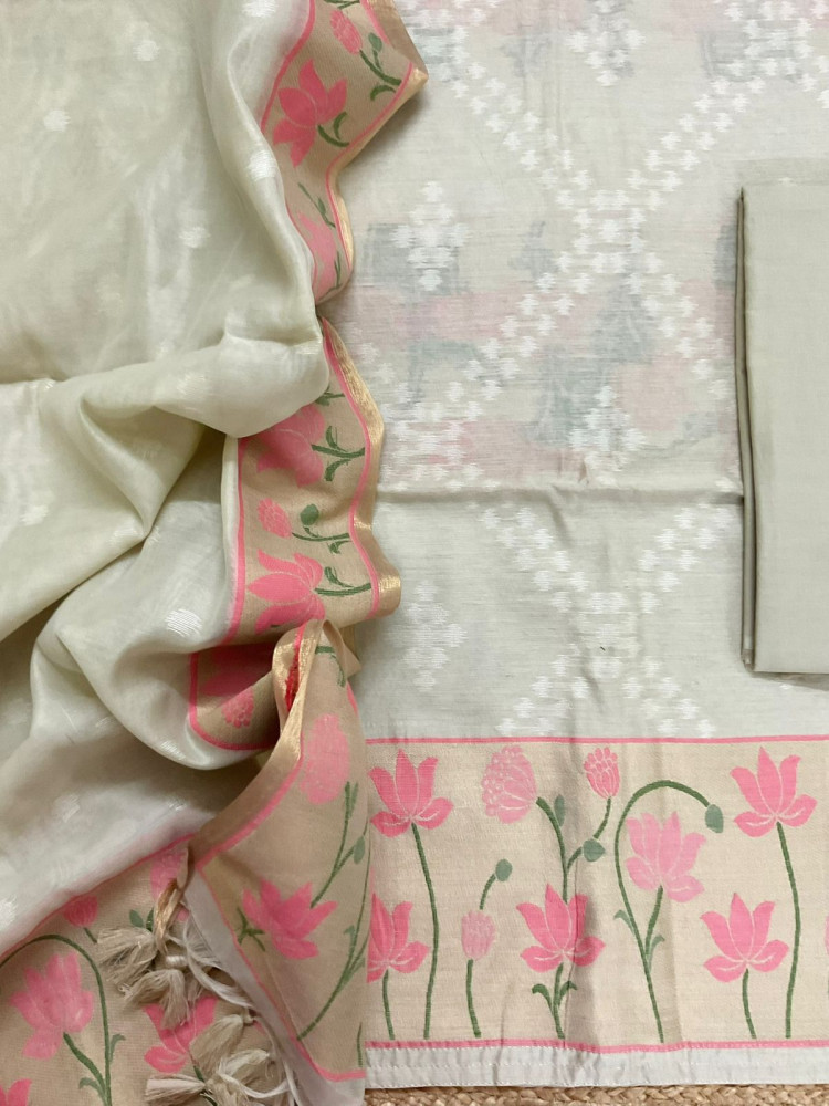 Image of Pure Chanderi Jamdani Weaved Suit - Beige