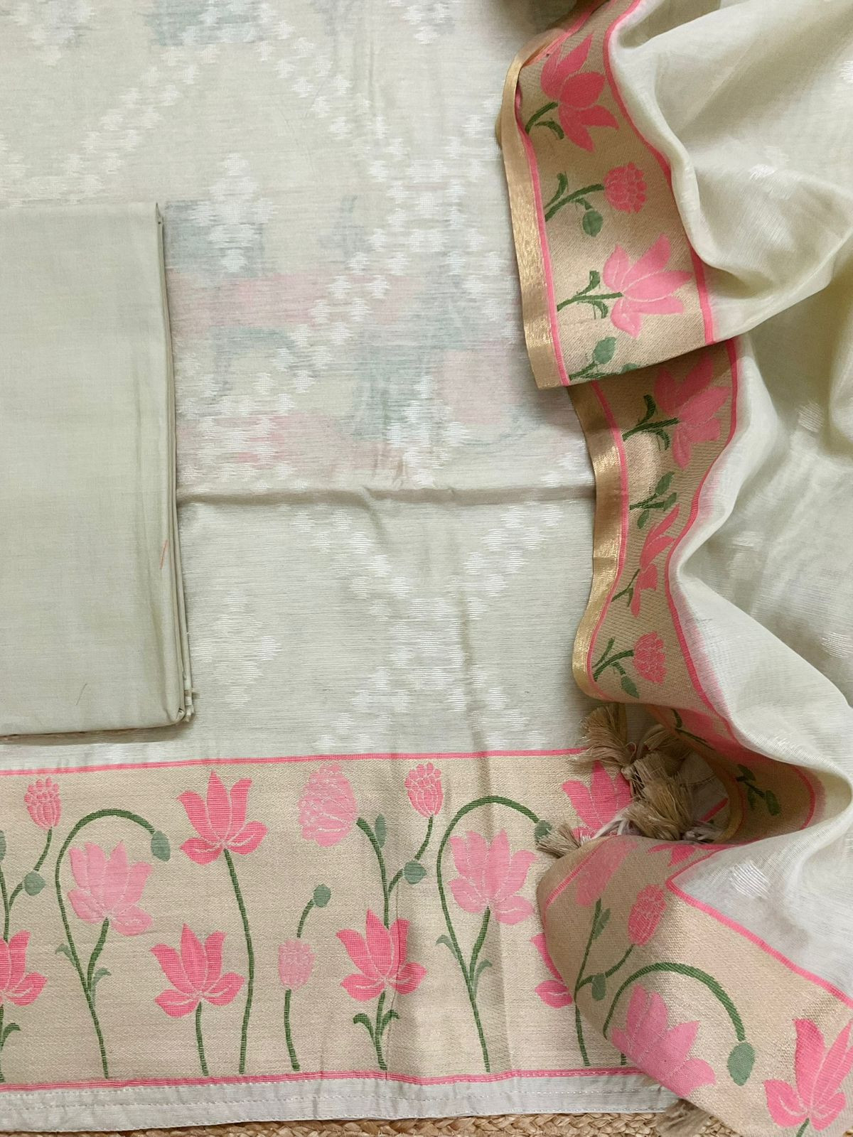 Pure Chanderi Jamdani Weaved Suit - Beige