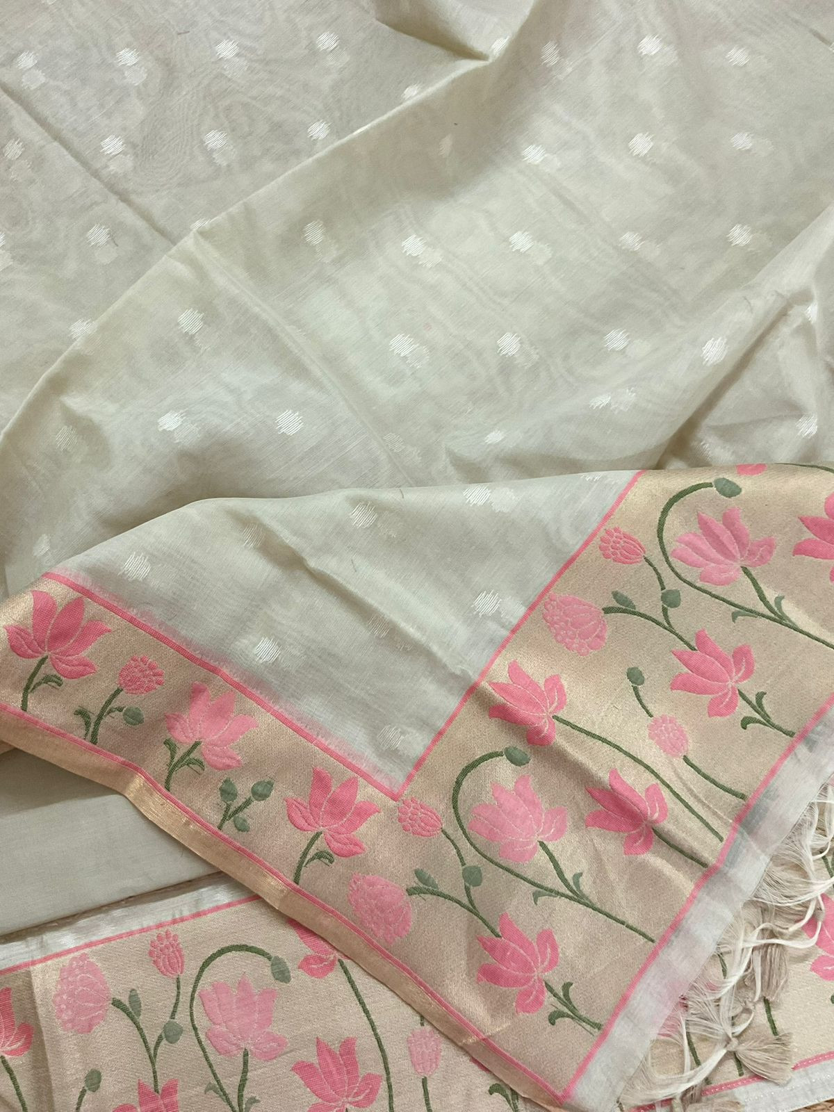 Pure Chanderi Jamdani Weaved Suit - Beige