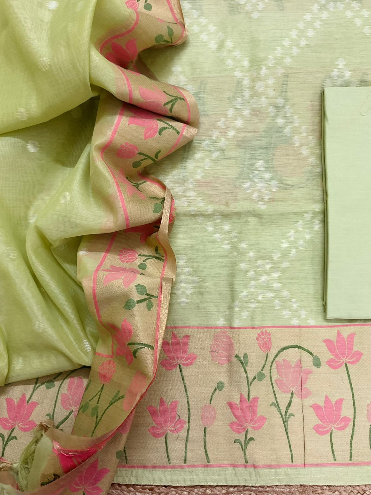 Pure Chanderi Jamdani Weaved Suit - Green