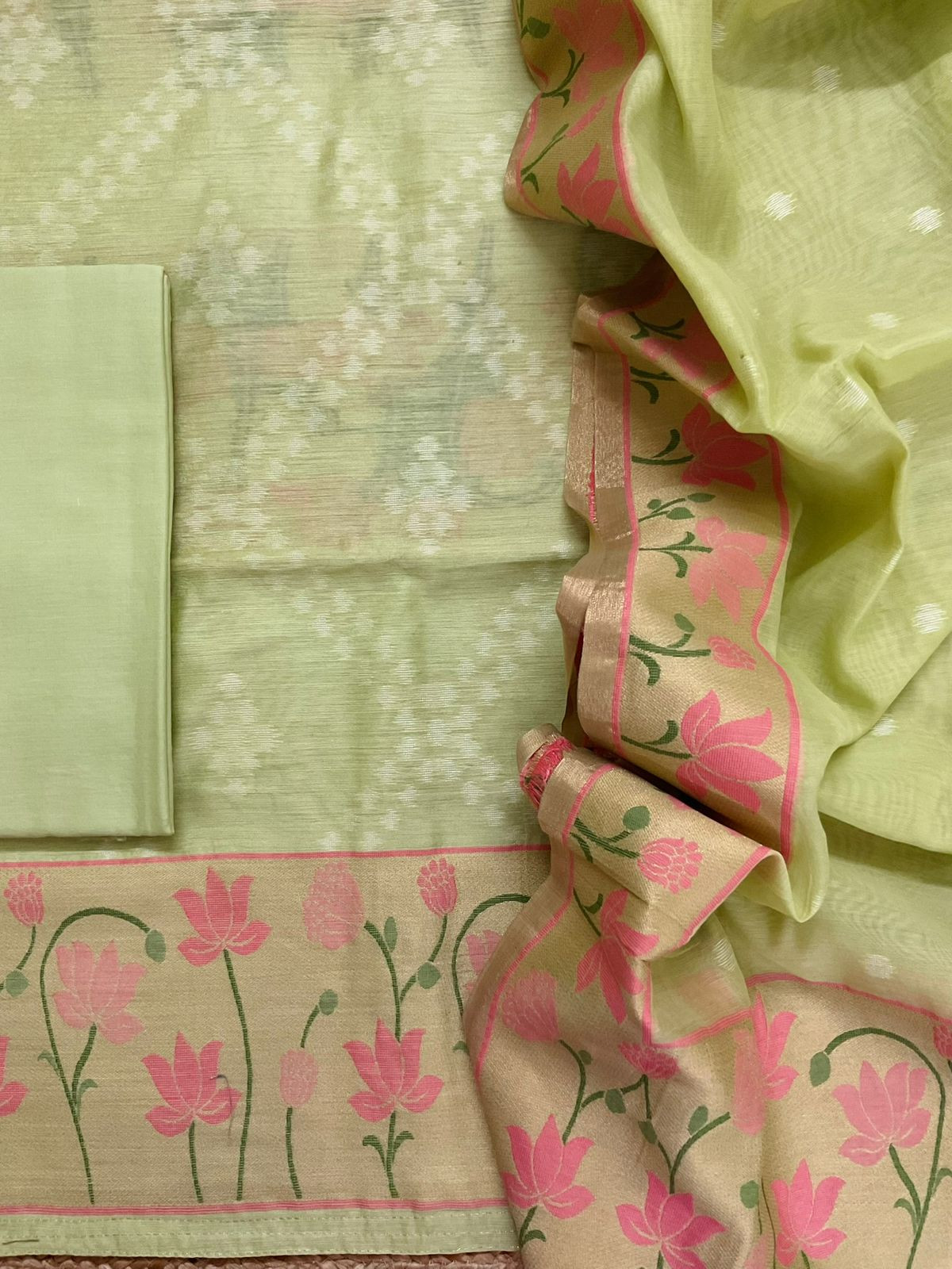 Pure Chanderi Jamdani Weaved Suit - Green