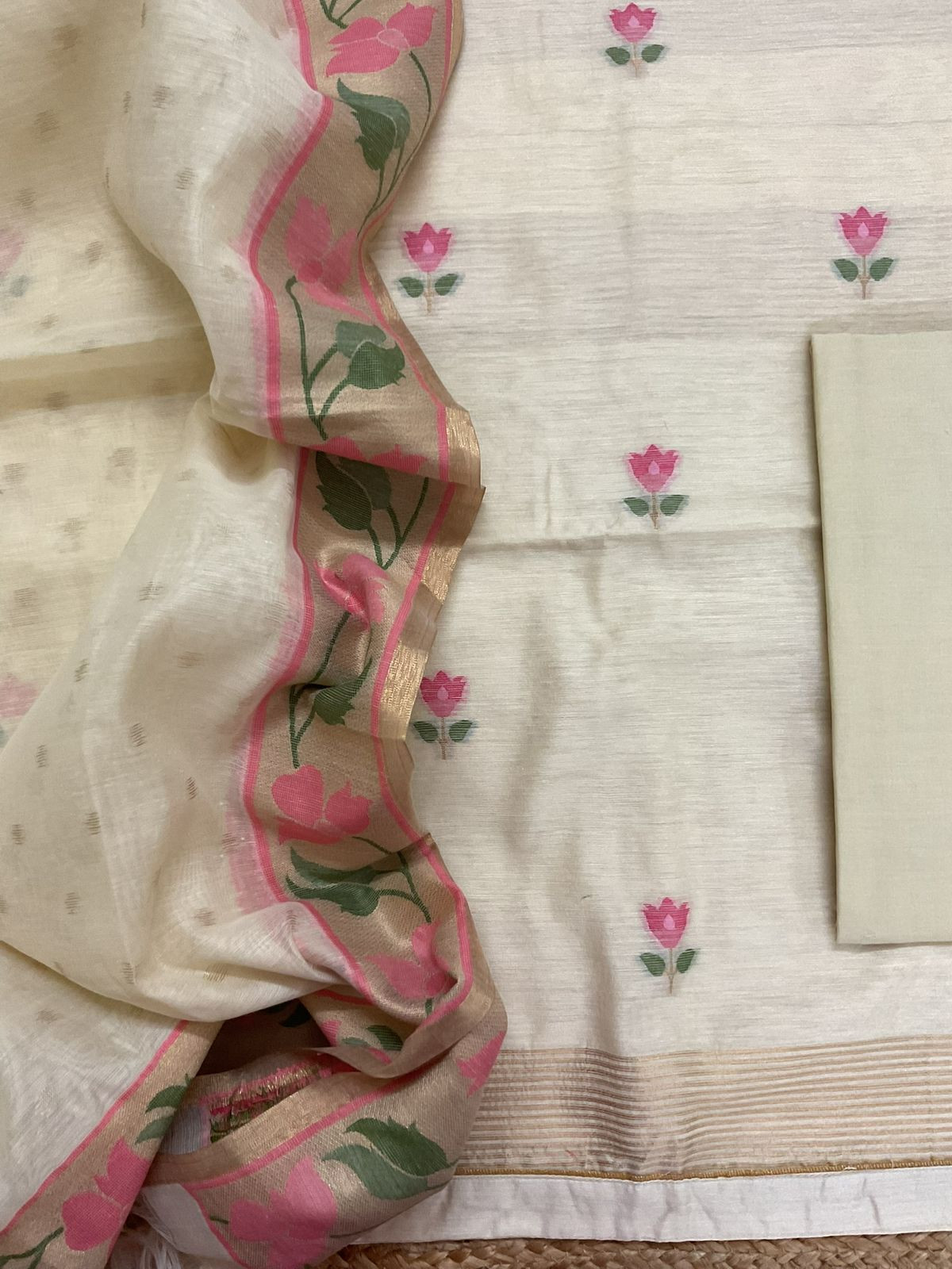 Pure Chanderi Jamdani Weaved Suit - Cream