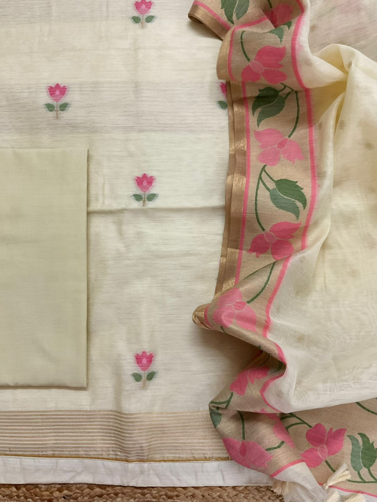 Pure Chanderi Jamdani Weaved Suit - Cream
