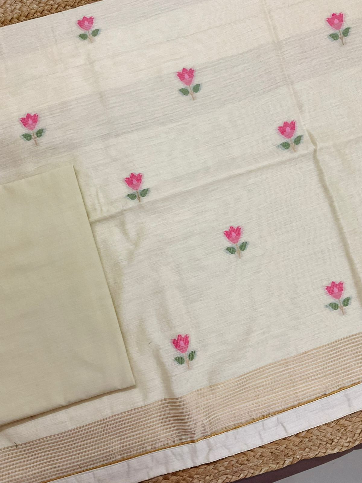 Pure Chanderi Jamdani Weaved Suit - Cream