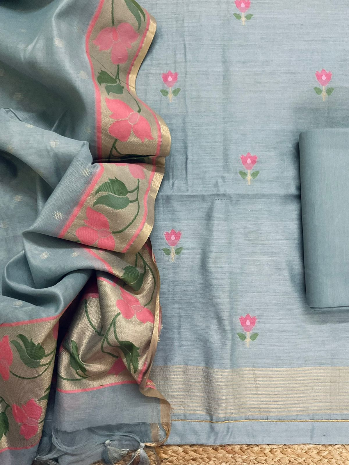 Pure Chanderi Jamdani Weaved Suit - Grey