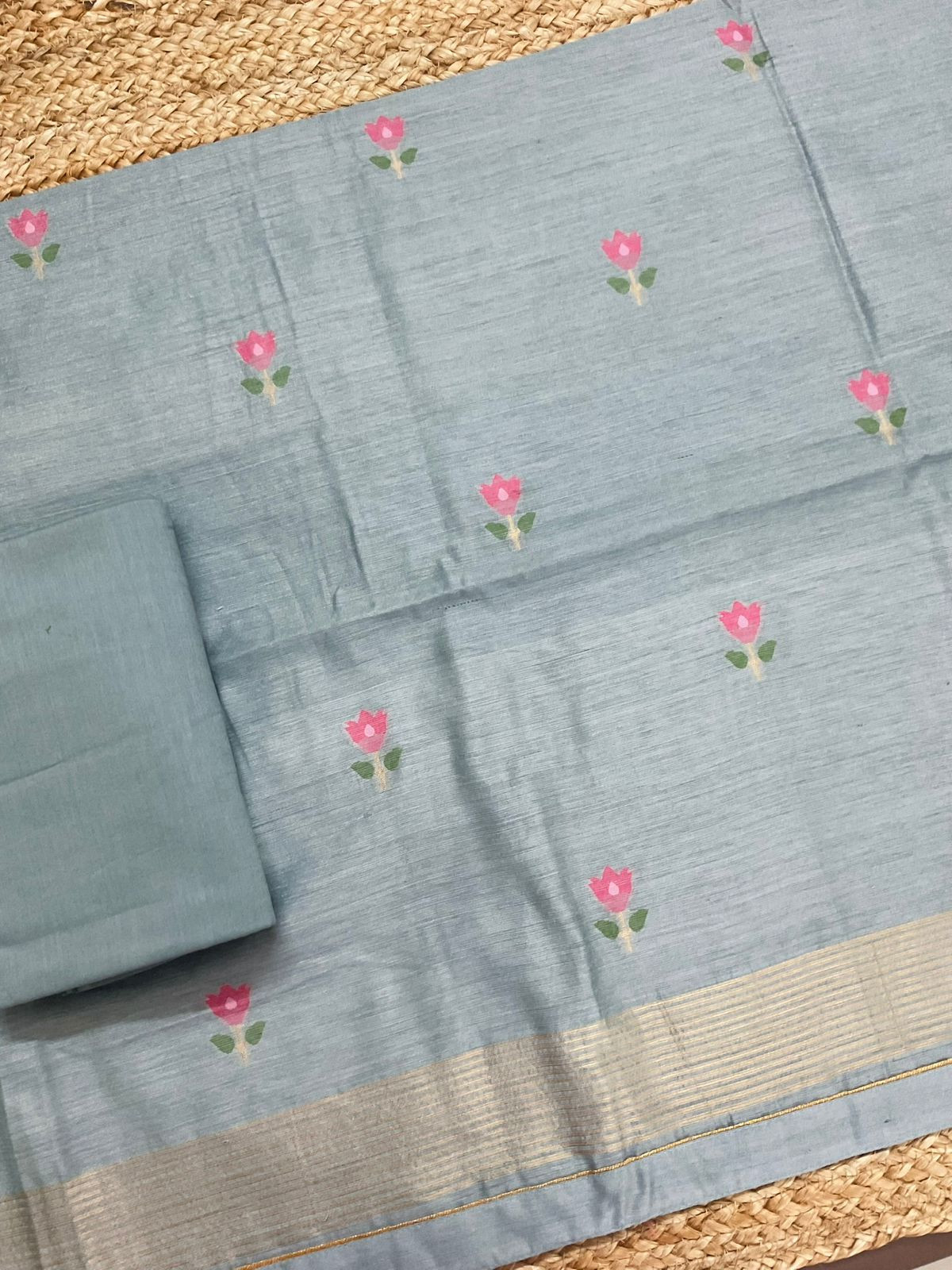 Pure Chanderi Jamdani Weaved Suit - Grey