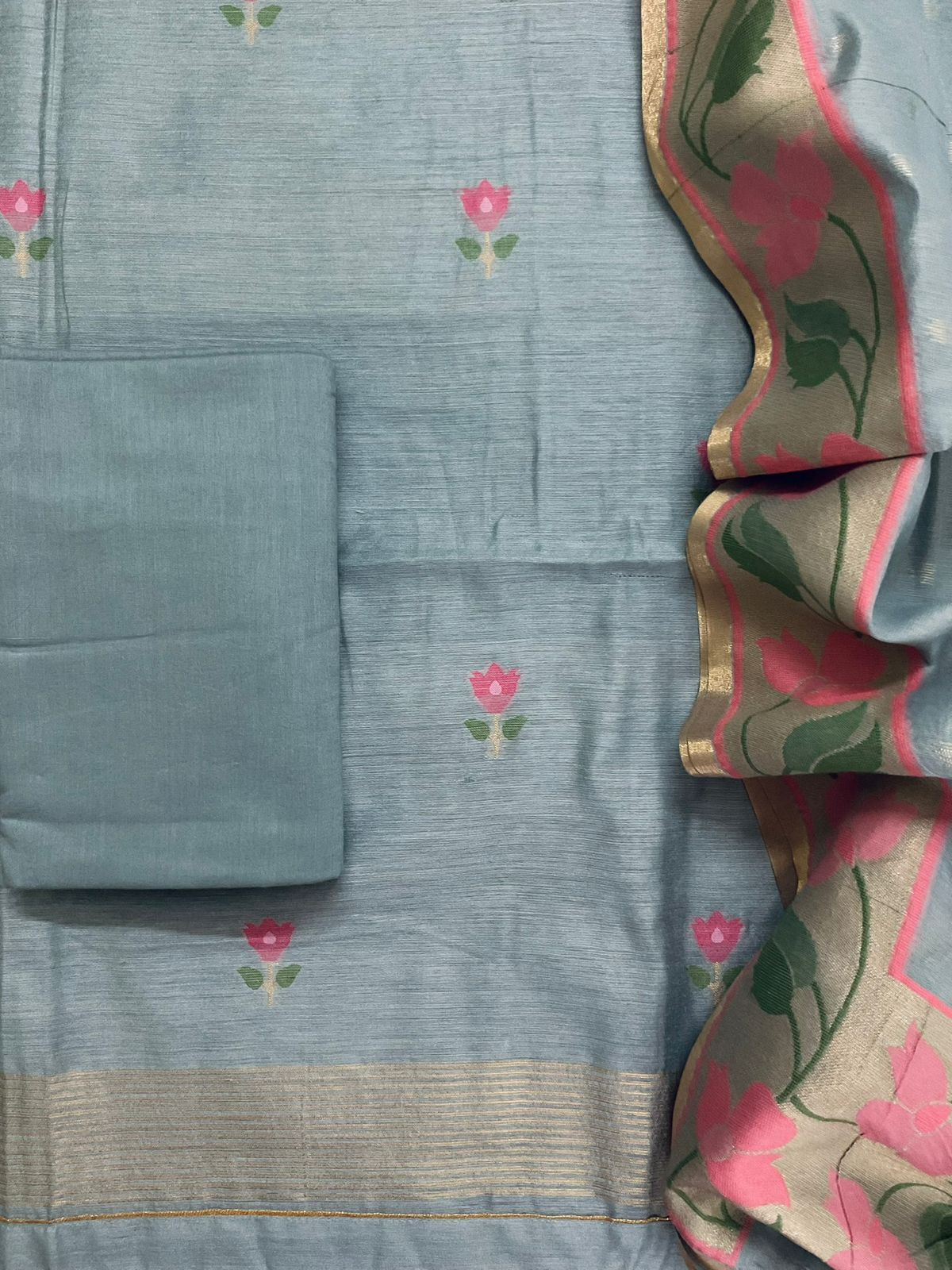 Pure Chanderi Jamdani Weaved Suit - Grey