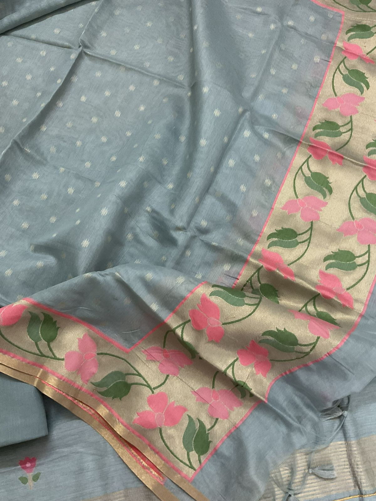 Pure Chanderi Jamdani Weaved Suit - Grey