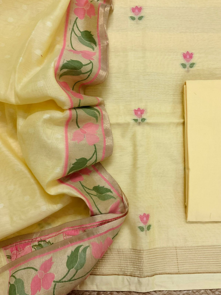Image of Pure Chanderi Jamdani Weaved Suit - Yellow