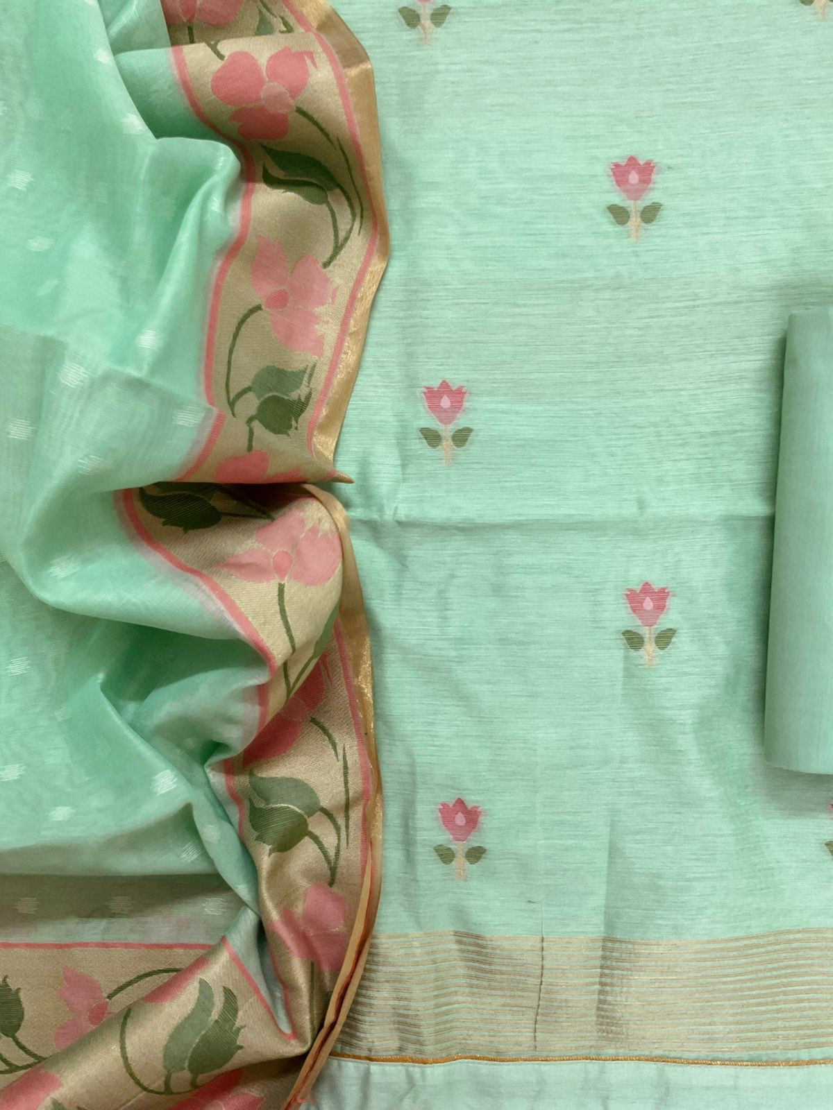 Pure Chanderi Jamdani Weaved Suit - Sea Green