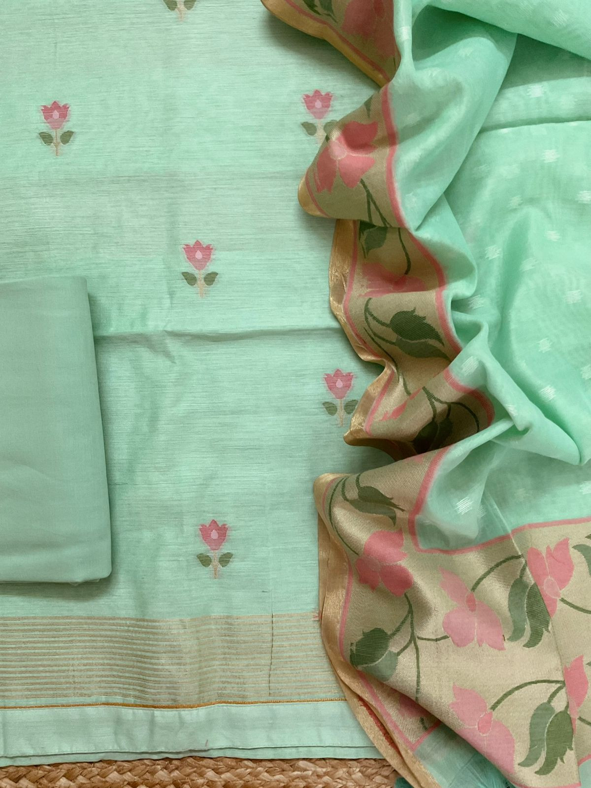 Pure Chanderi Jamdani Weaved Suit - Sea Green