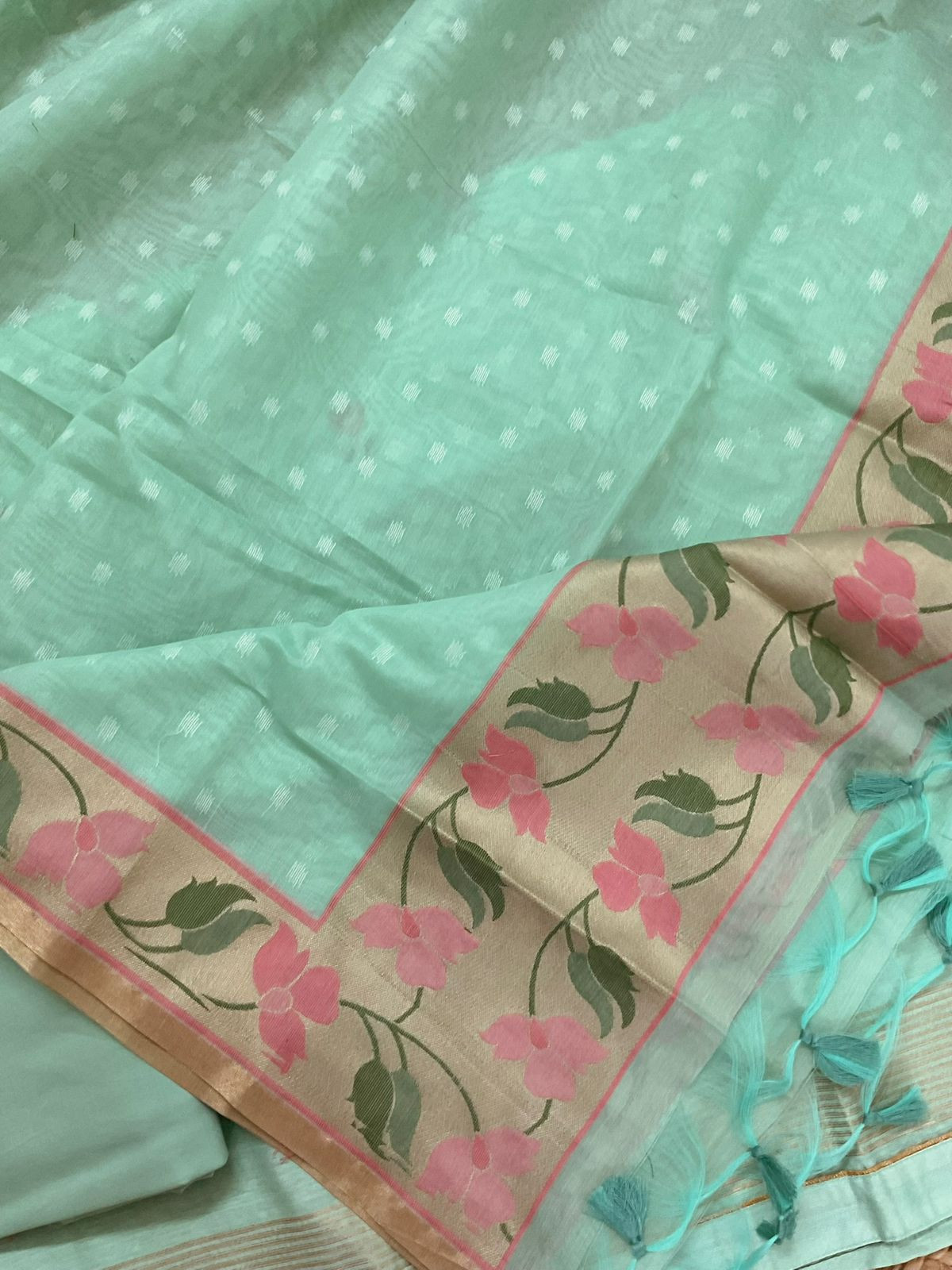 Pure Chanderi Jamdani Weaved Suit - Sea Green