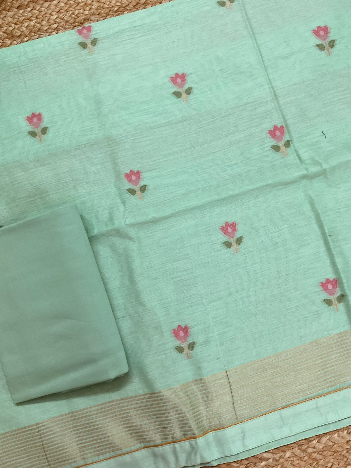 Pure Chanderi Jamdani Weaved Suit - Sea Green