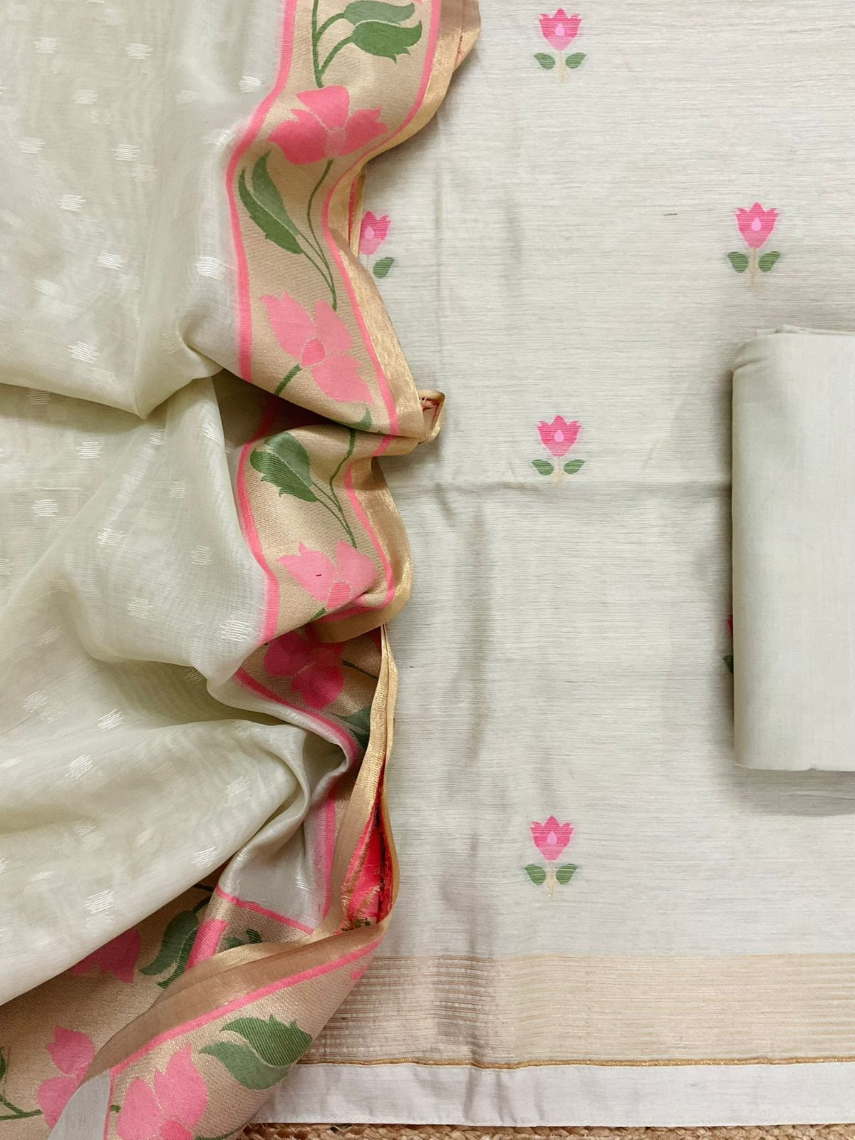 Pure Chanderi Jamdani Weaved Suit - Beige