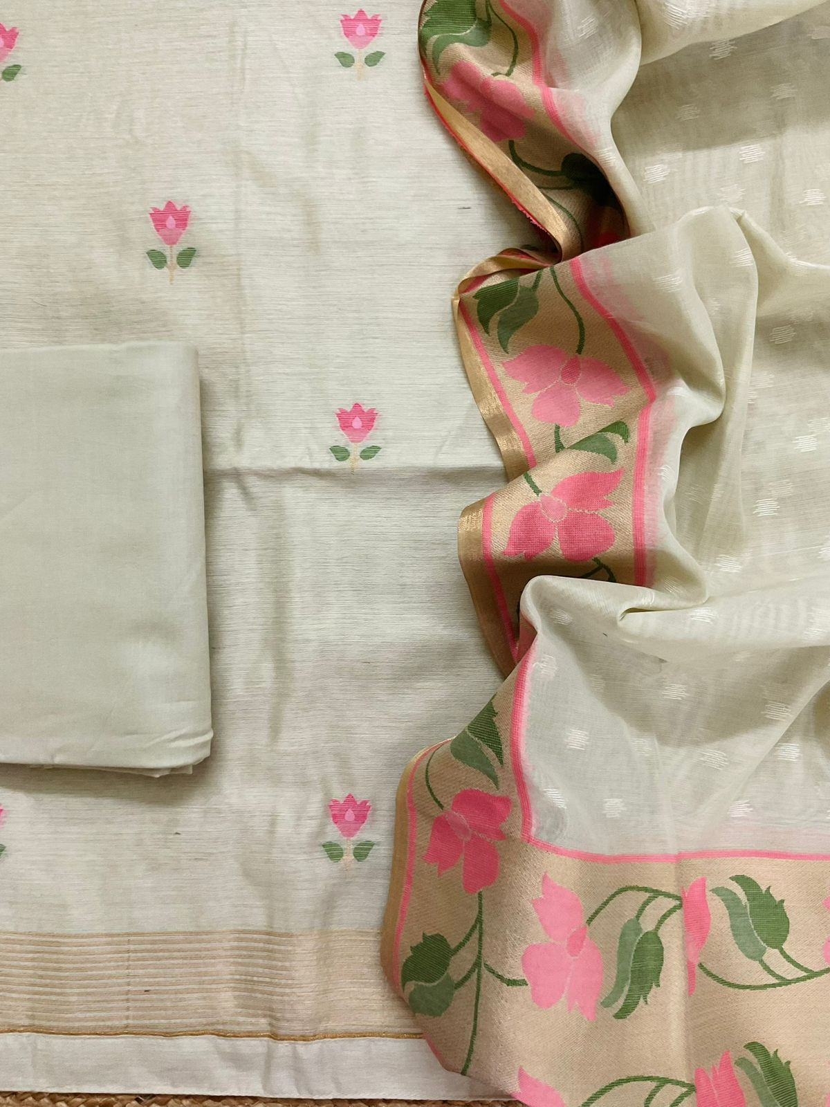 Pure Chanderi Jamdani Weaved Suit - Beige