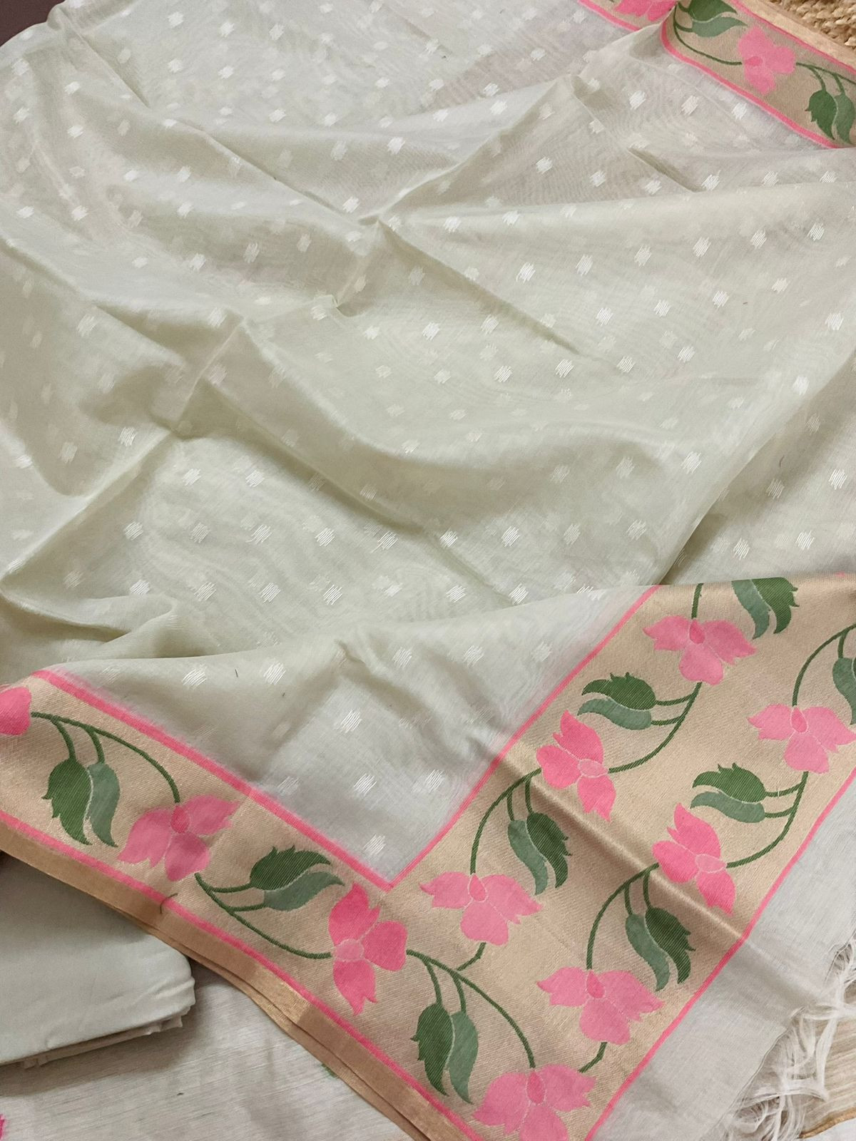 Pure Chanderi Jamdani Weaved Suit - Beige