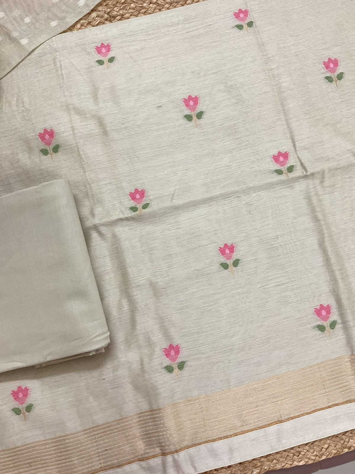 Pure Chanderi Jamdani Weaved Suit - Beige